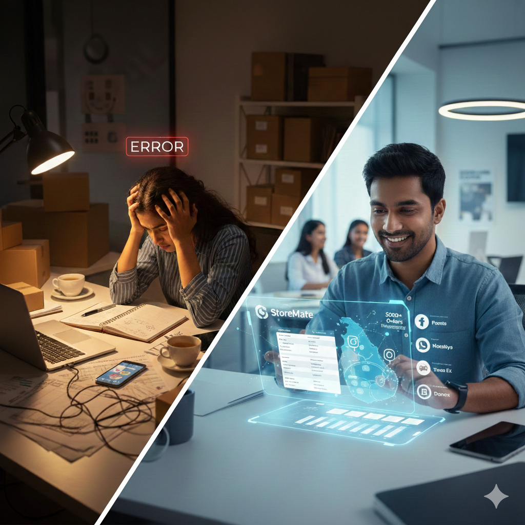 Online business owner managing WhatsApp and Facebook orders using StoreMate OMS in Sri Lanka.