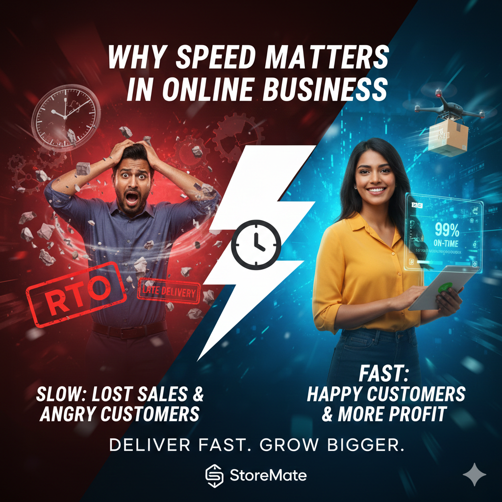 Infographic comparing slow manual delivery vs. fast automated shipping for Sri Lankan online businesses using StoreMate OMS.