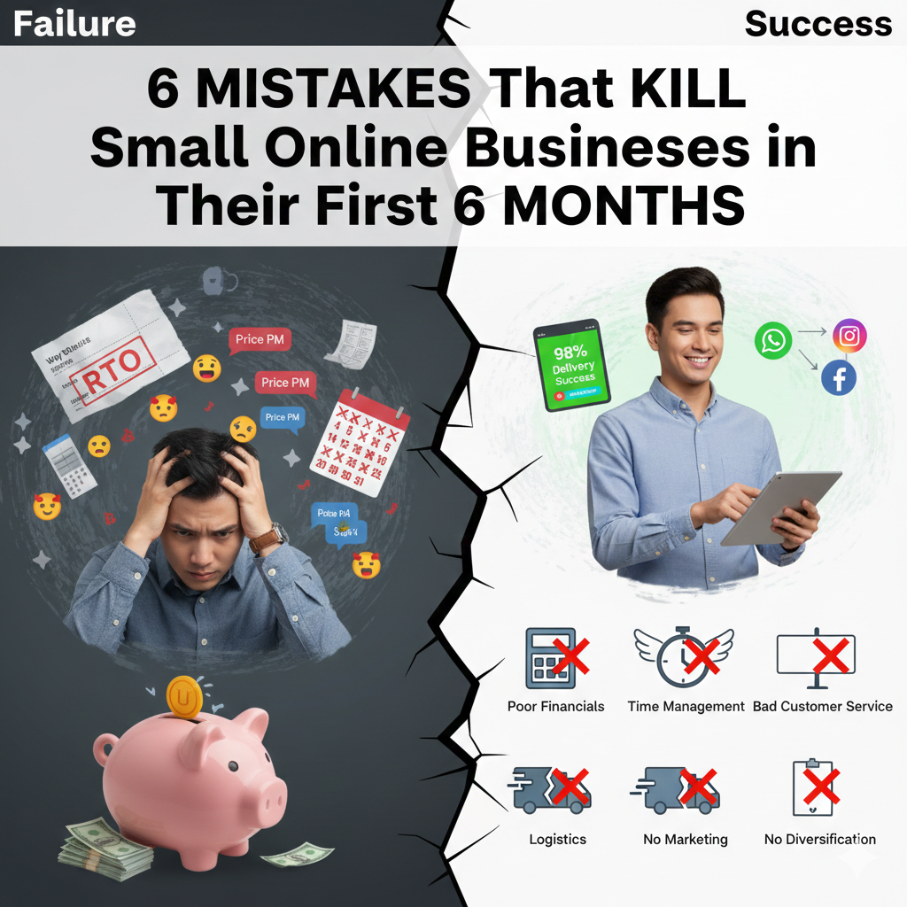 Infographic showing 6 common mistakes that kill small online businesses in Sri Lanka like high software costs and fake orders.