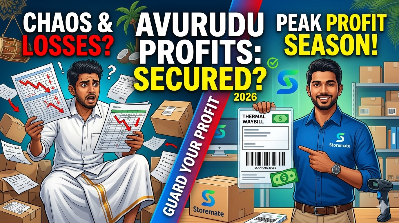 A split-screen comparison for an online business in Sri Lanka showing the chaos of manual order tracking versus secured Avurudu 2026 profits using Storemate Order Management System and automated waybill printing.
