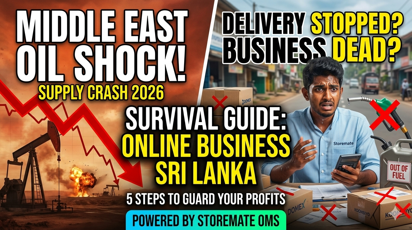 A survival guide for an online business in Sri Lanka during the 2026 Middle East oil shock, featuring a comparison of global fuel supply crashes and local e-commerce logistics challenges with Storemate OMS.