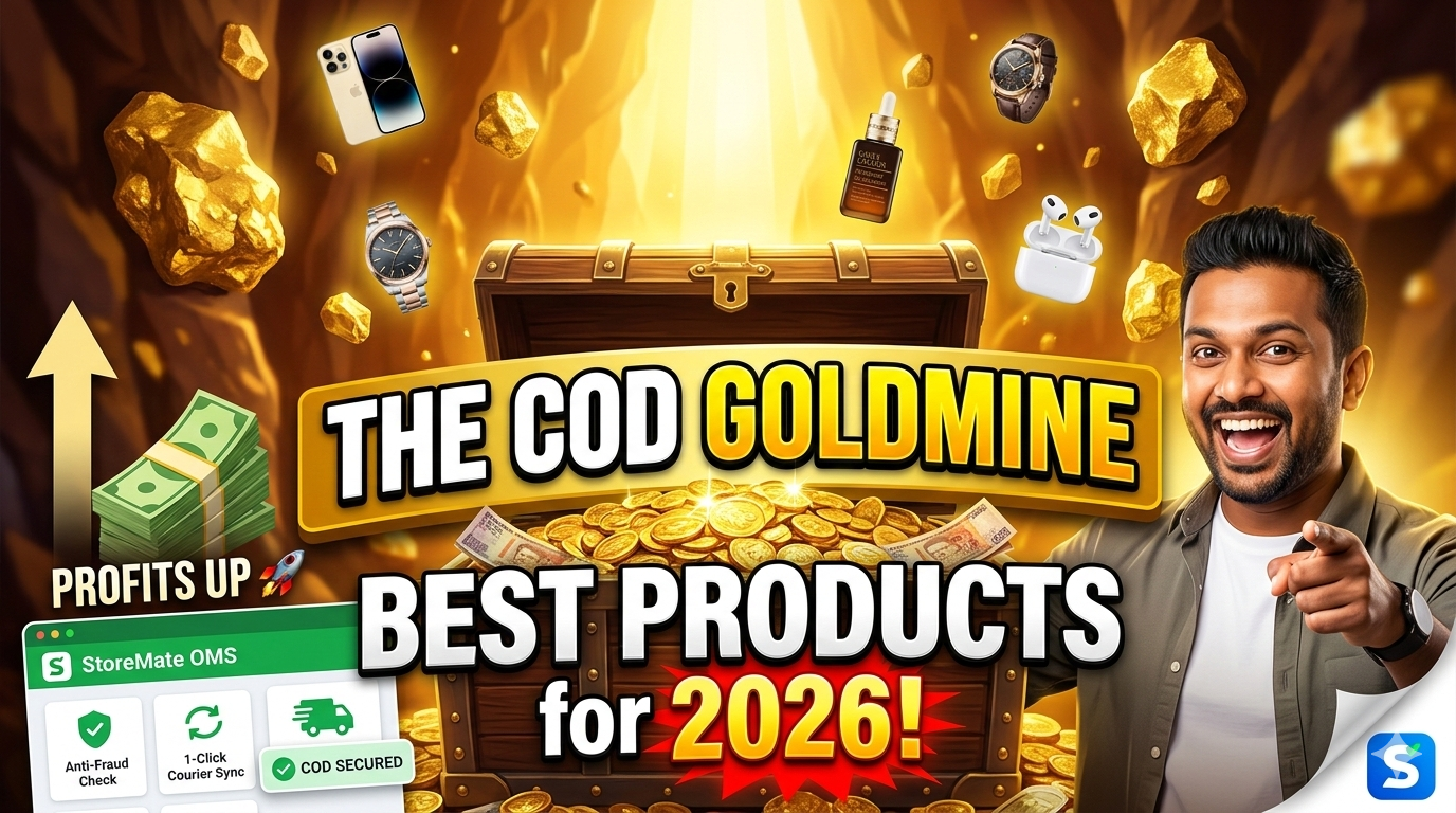 Infographic for Sri Lankan e-commerce showing "The COD Goldmine" with a treasure chest of profits and best products for 2026, featuring StoreMate OMS automation tools.