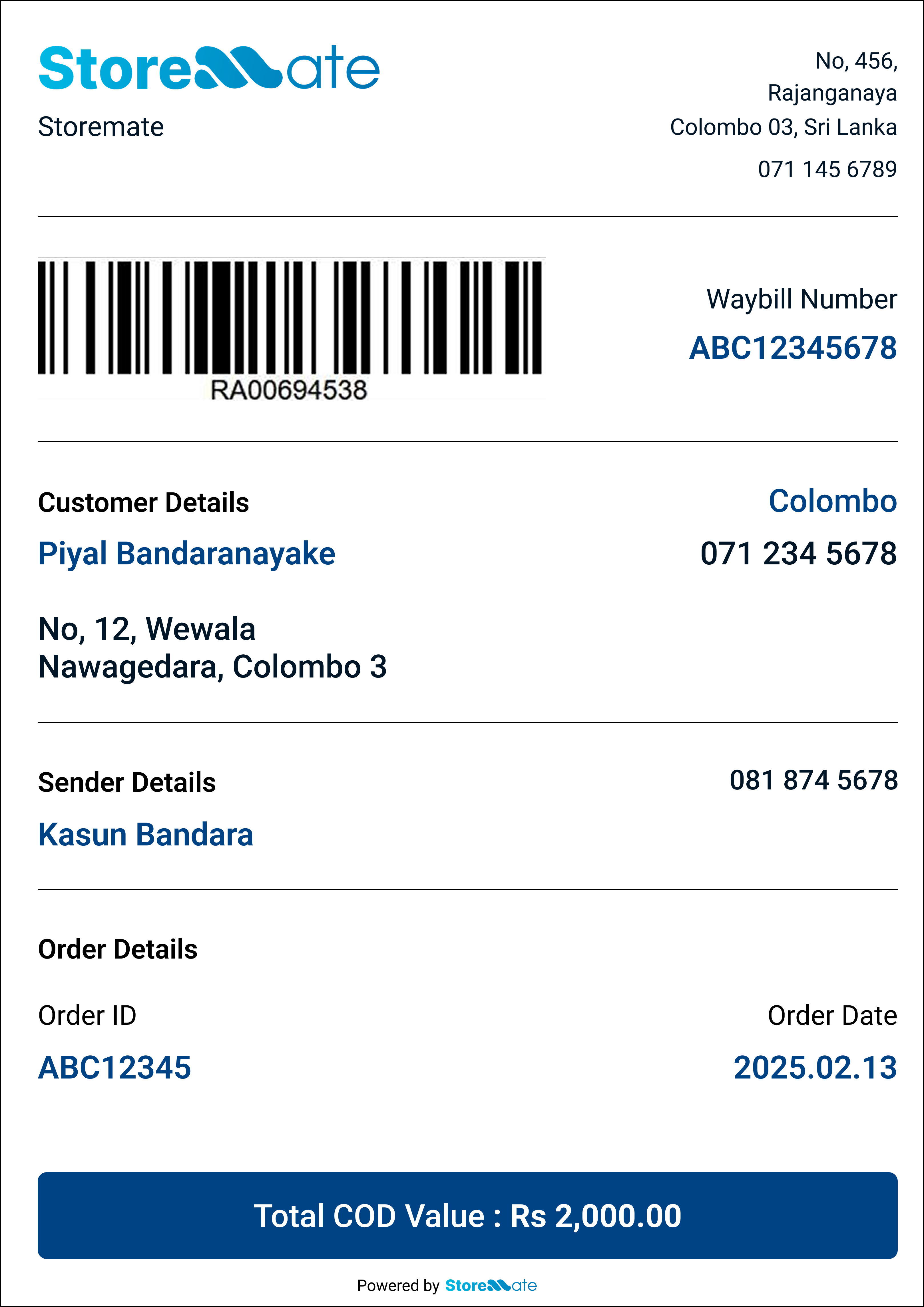 Storemate waybill generator Sri Lanka — professional branded waybill with logo and courier barcode