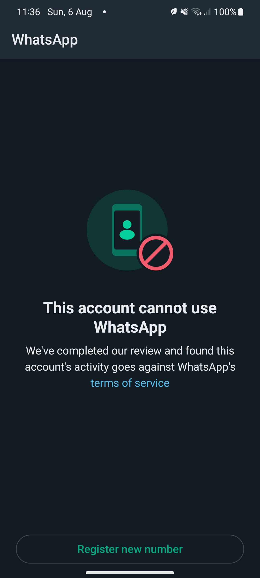 WhatsApp ban screen that reads: This account cannot use WhatsApp